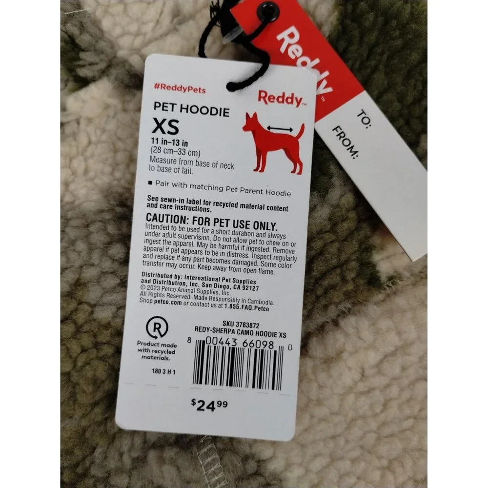 Reddy Camo Sherpa Hoodie Sweater with Warm White Pocket for Dogs XS 11 to 13 in